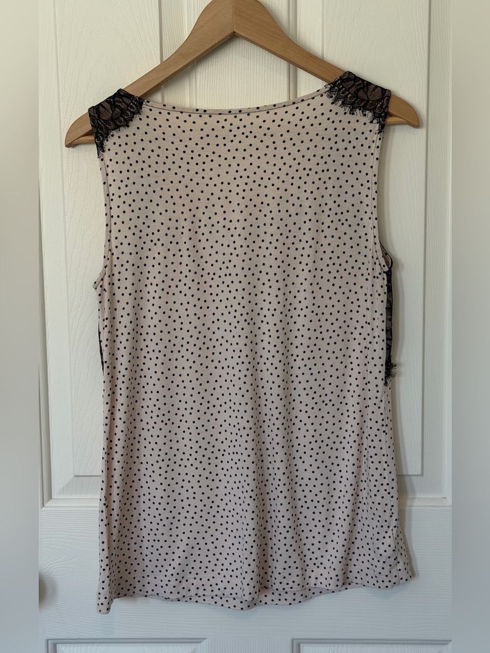 LOFT Cream Polka Dot Sleeveless Top with Black Lace Trim - Picture 2 of 7